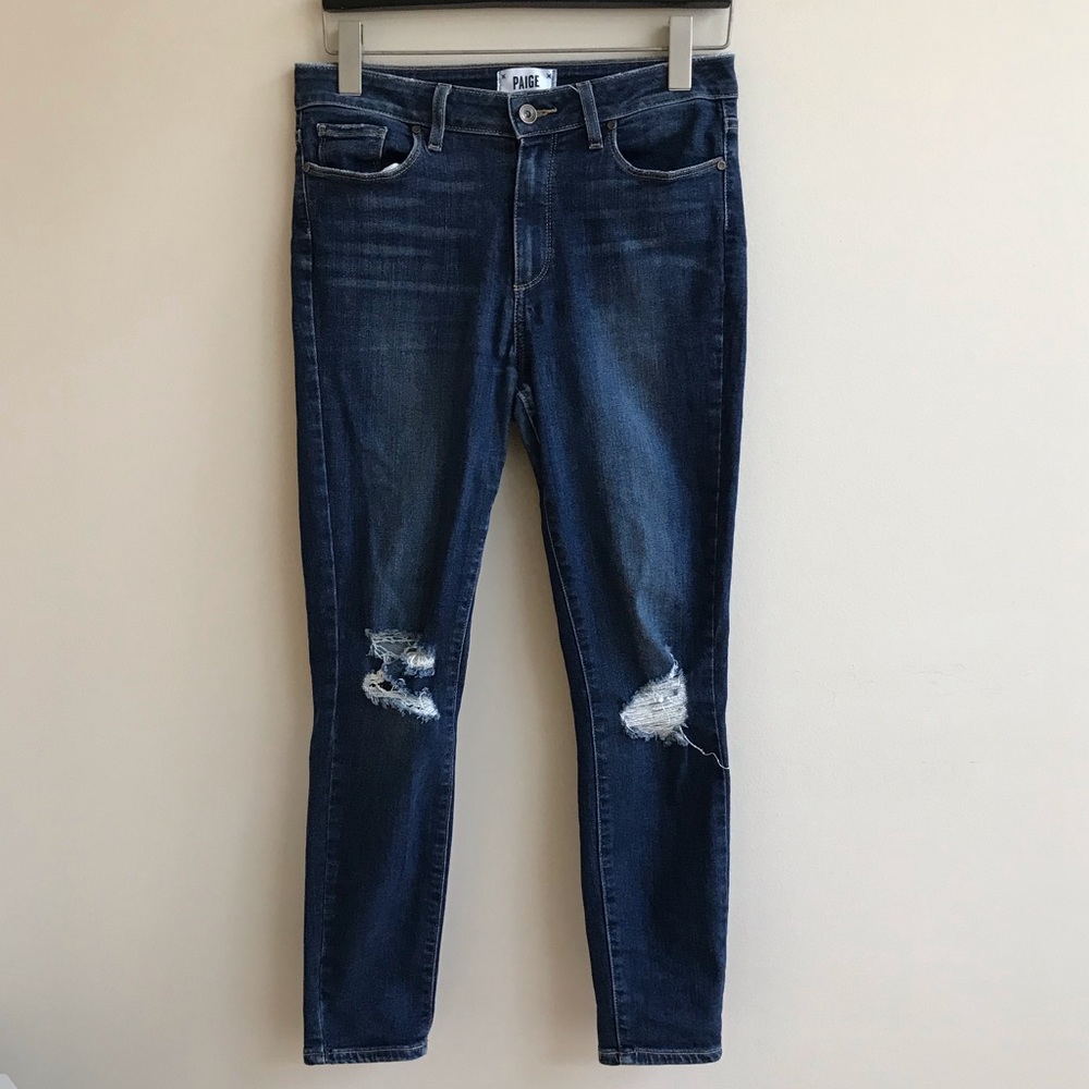 Paige dark blue skinny jeans- distressed knees